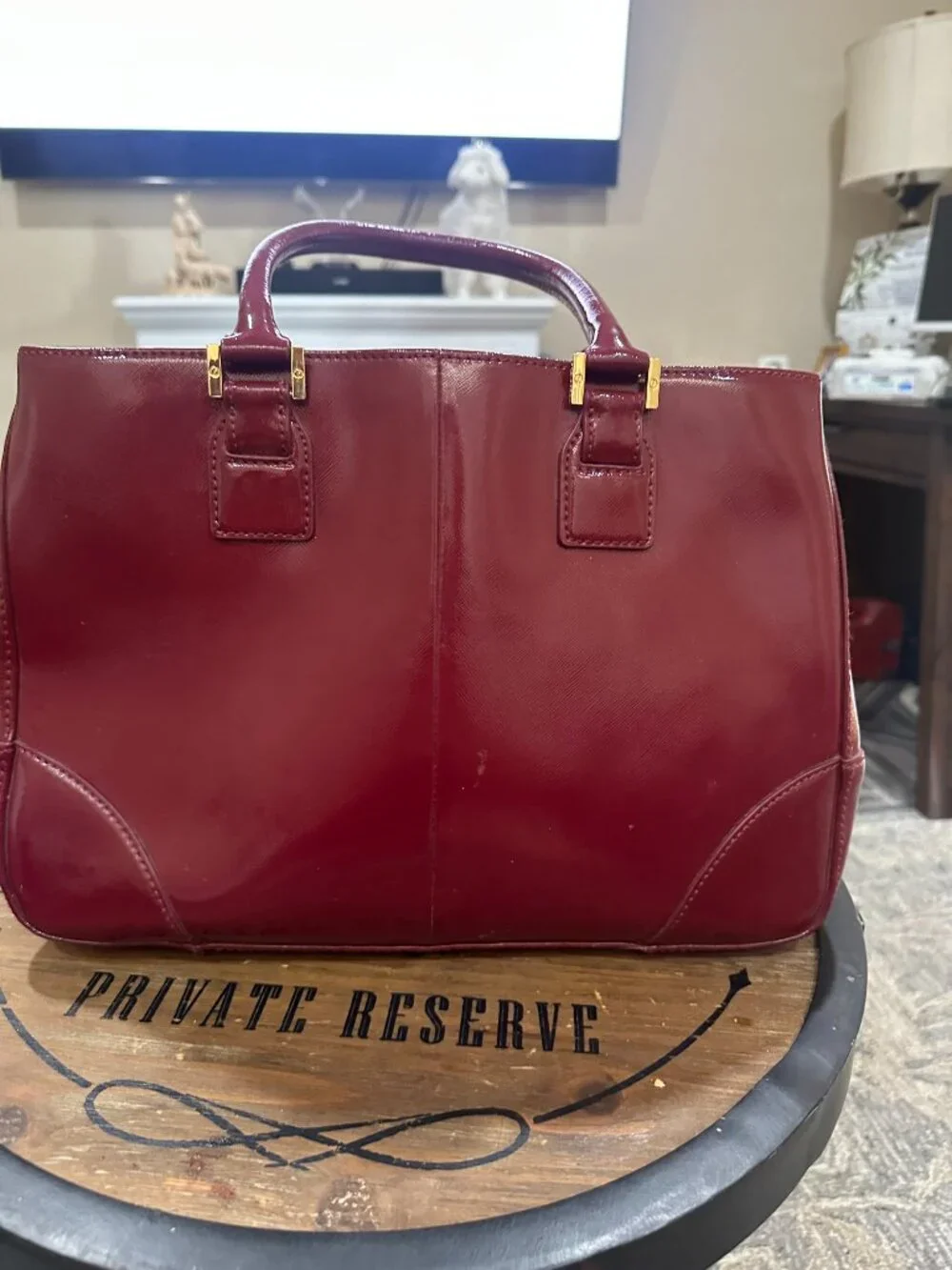✨Tory Burch Wine Burgundy Structured Satchel Tote w/ Mirror & Gold Fee - Picture 8 of 12